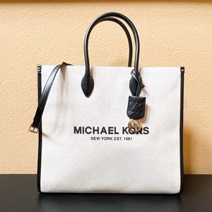 Michael Kors Mirella Large Canvas Tote Shoulder Bag Natural Black